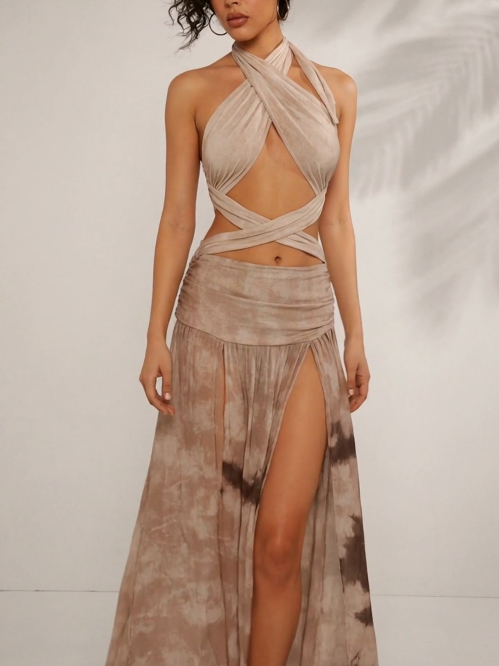 Taupe Tie-Dye Crisscross Halter Maxi Dress